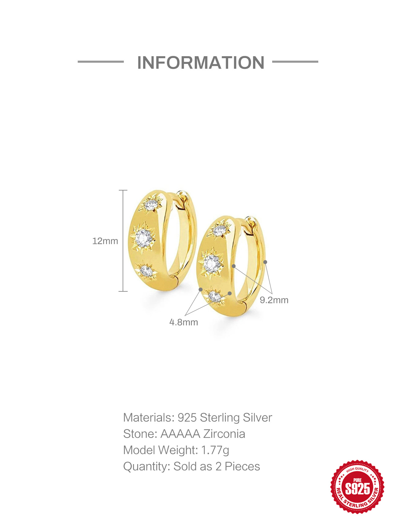 S925 Sterling Silver Octagonal Star Textured Hoop Earrings with Zirconia Inlay