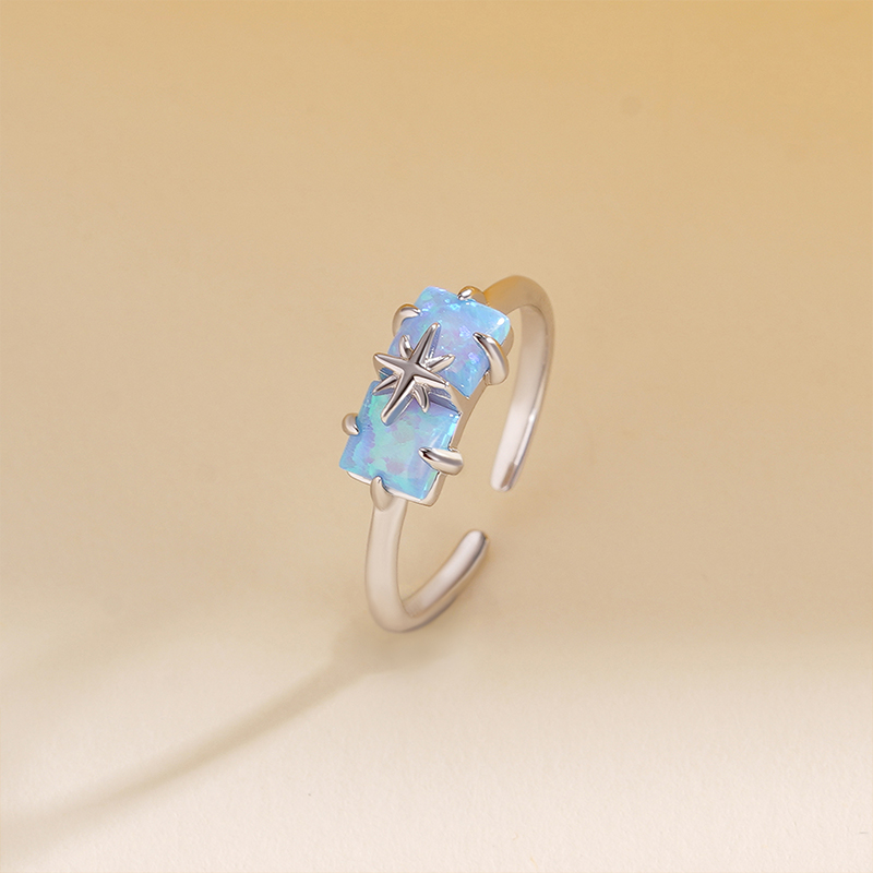 925 Sterling Silver Rectangular Opal Star Open Ring