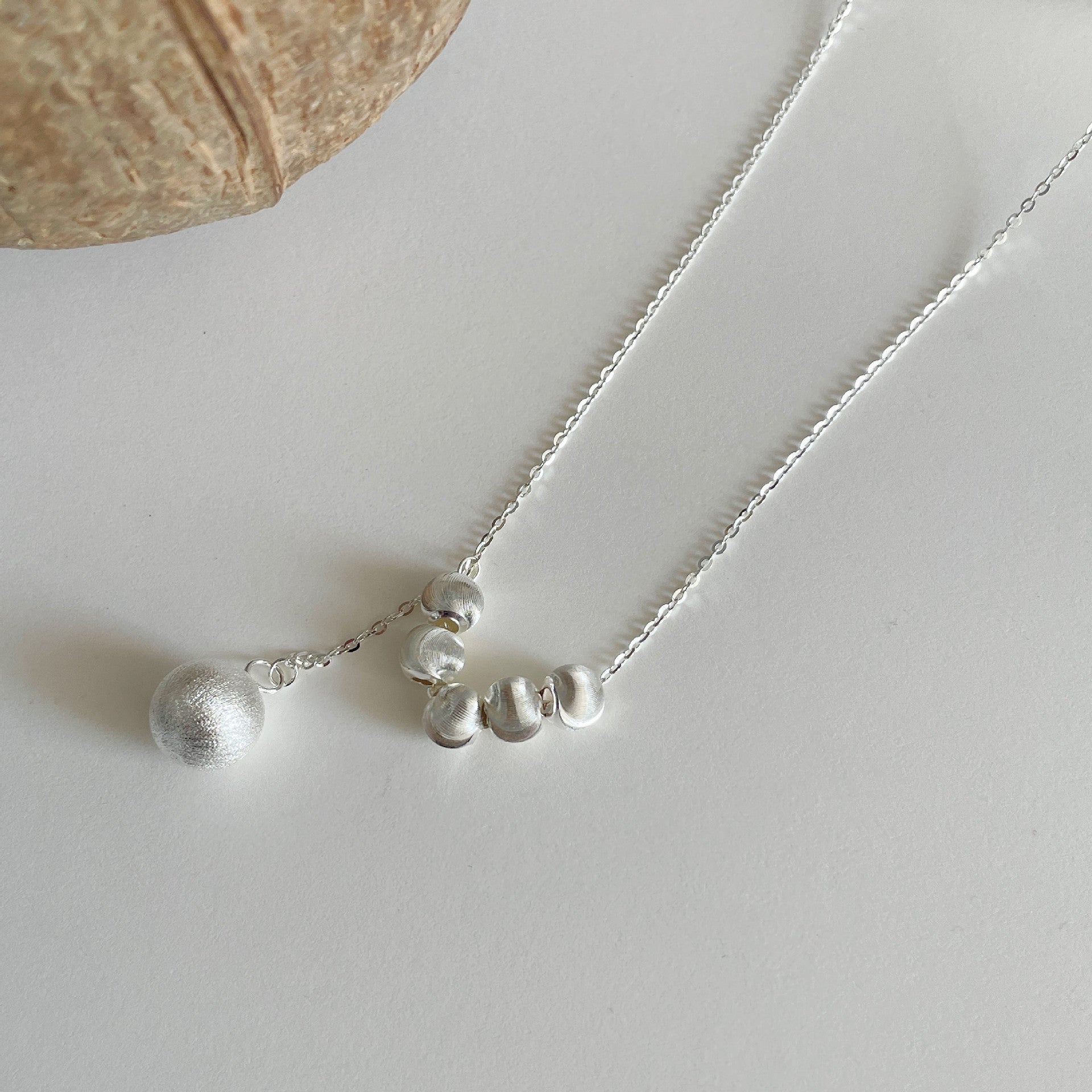 S925 sterling silver round bead tassel pendant necklace - silvery