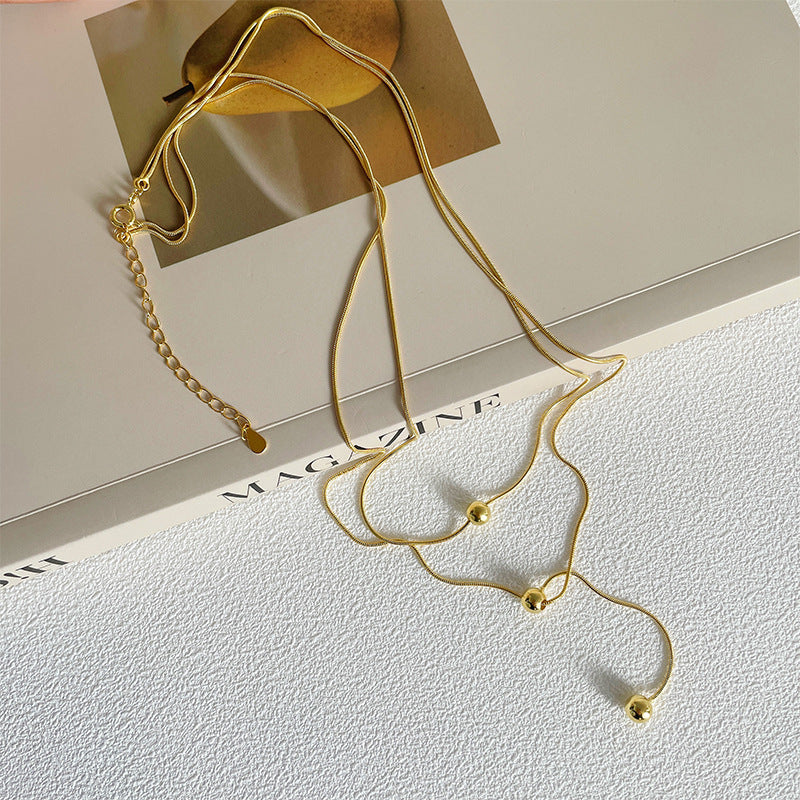 S925 sterling silver double-layer long necklace - golden