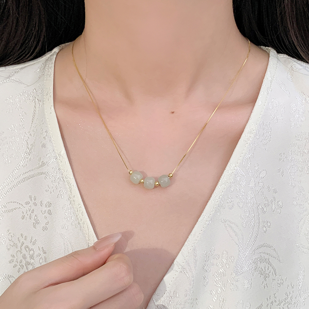 925 Sterling Silver Hotan Jade Necklace - Golden