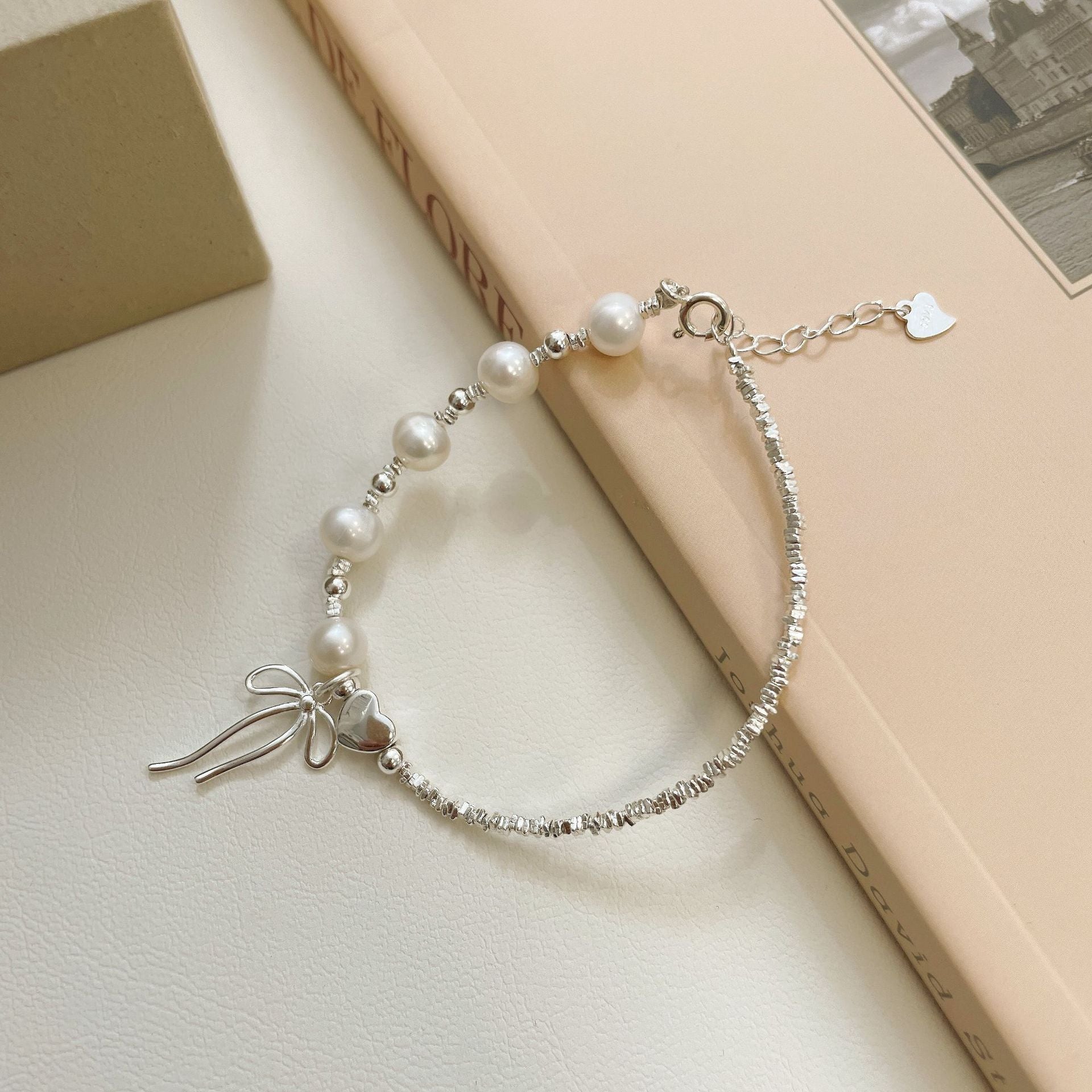 925 sterling silver pearl bracelet - silvery