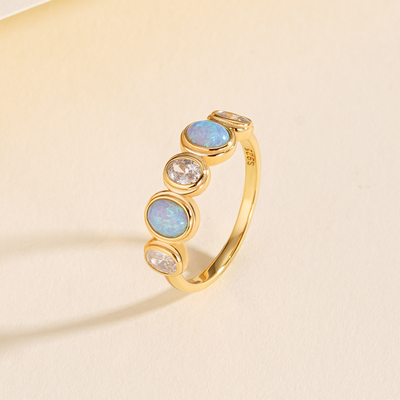 925 Sterling Silver Cabochon Opal and Zircon Ring