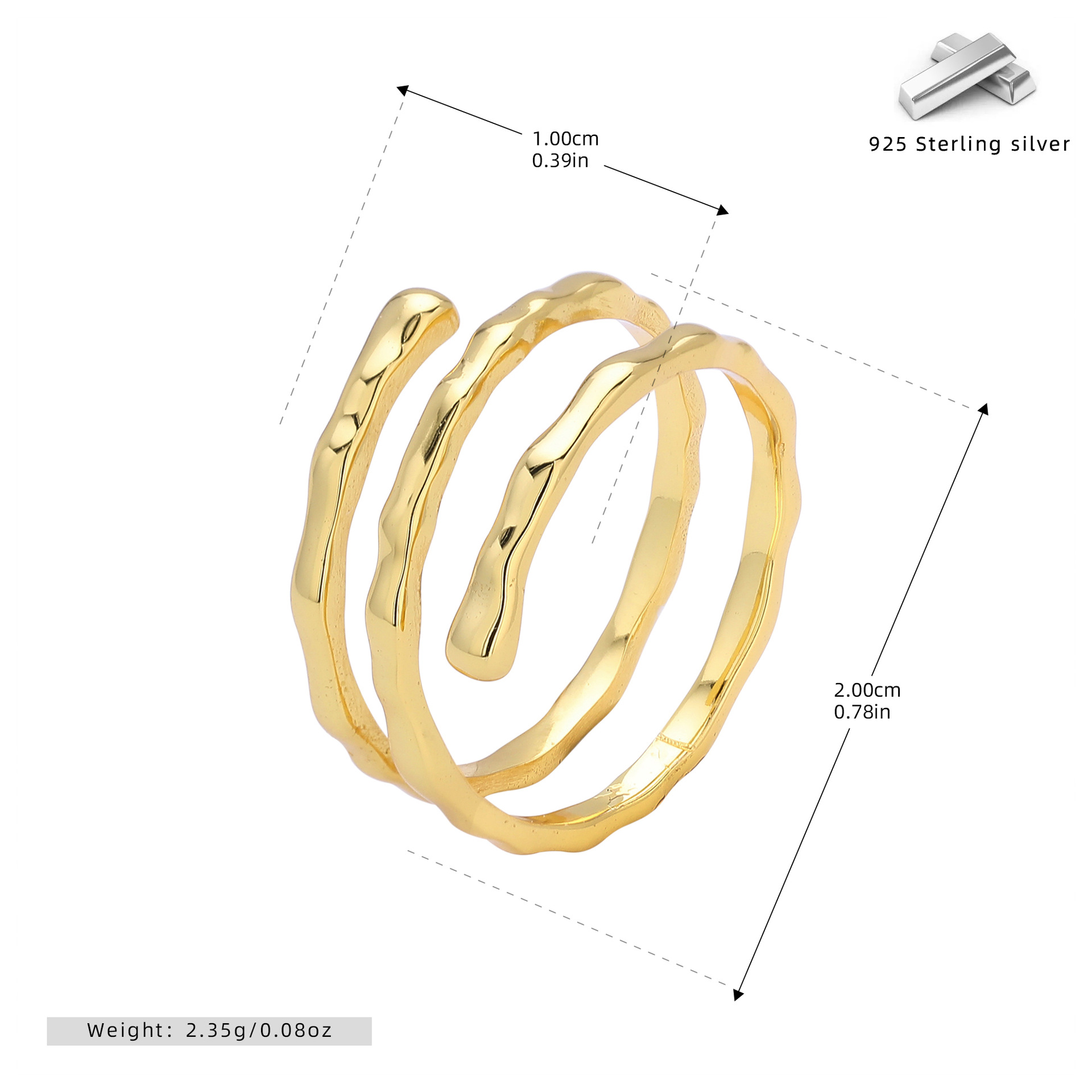 S925 sterling silver ring with multi-layered pleats