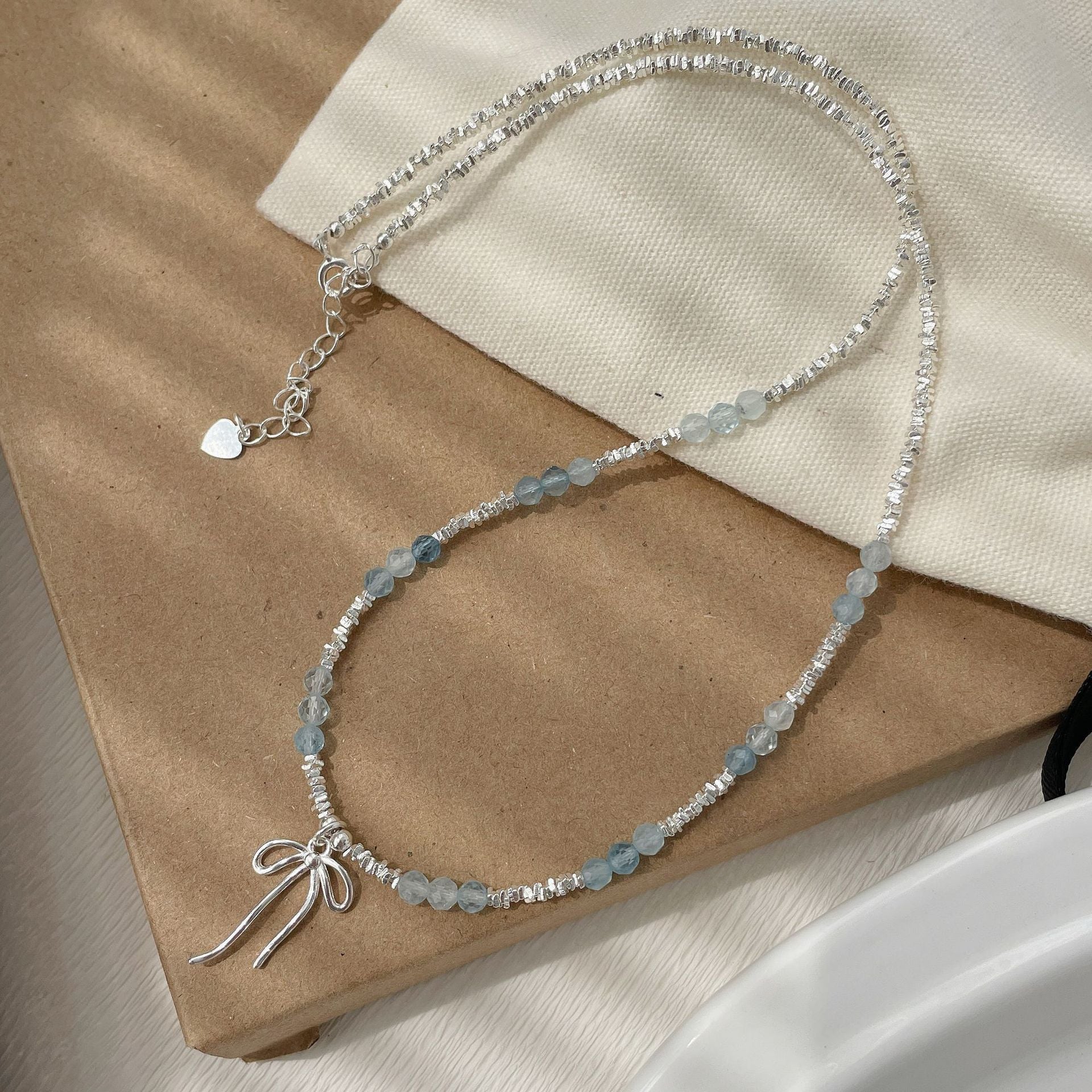 S925 sterling silver aquamarine necklace - silvery