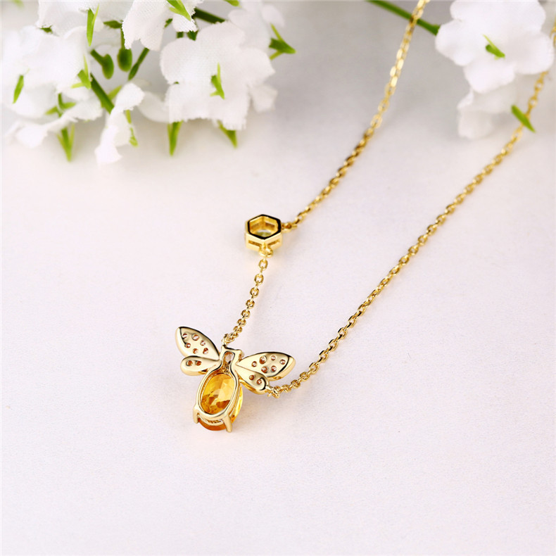 S925 Sterling Silver Bee Necklace Plated with 10K Iridescent Gold Crystal Peridot