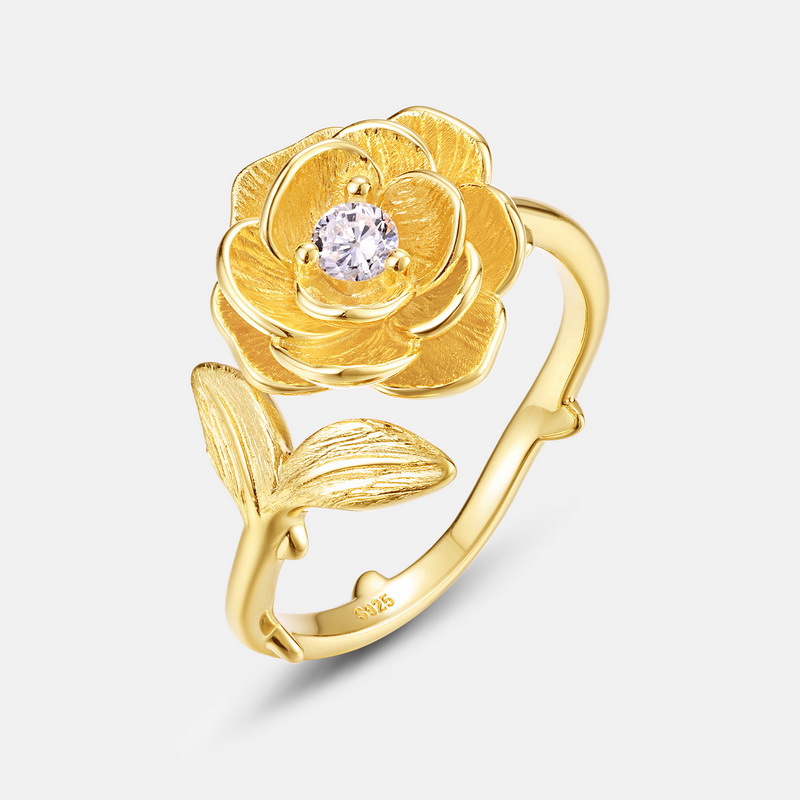S925 Sterling Silver Gold-Plated Camellia Zircon Ring