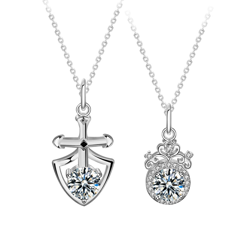 S925 Sterling Silver Moissanite Princess and Knight Pair of Personality Shield Crown Clavicle Pendant Couple Necklace