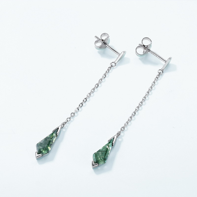 S925 Sterling Silver Geometric Green Moss Long Stud Earrings