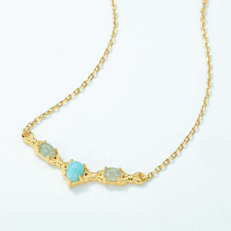 S925 Sterling Silver 10k Gold V-Shaped Necklace Inlaid with Amazonite