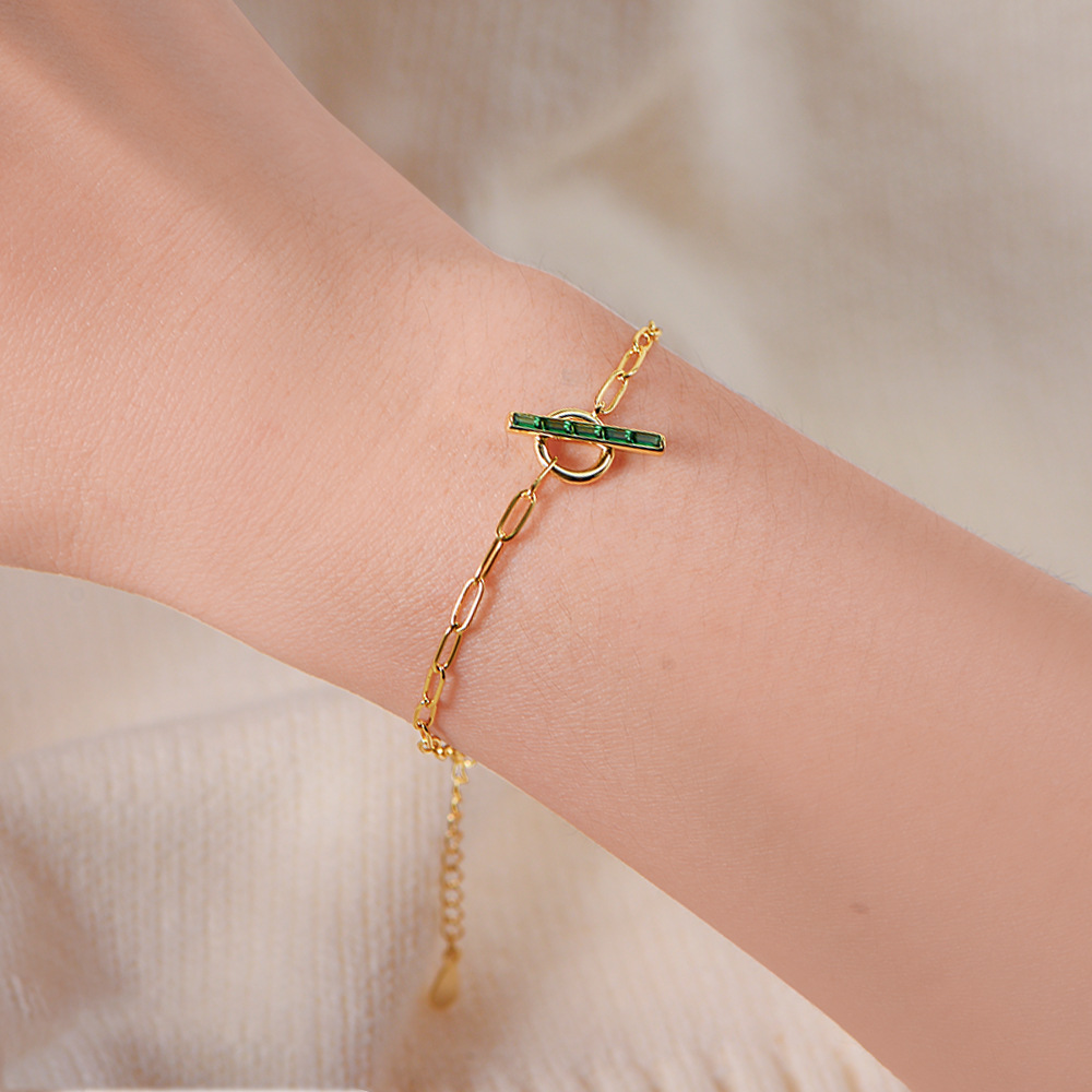 S925 Sterling Silver Geometric Ring Style Emerald Zircon Bracelet