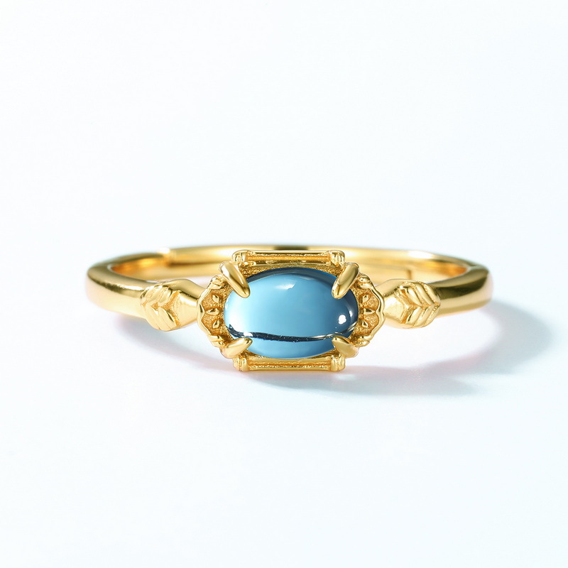 S925 Sterling Silver Gold-Plated Blue Topaz Rectangular Ring