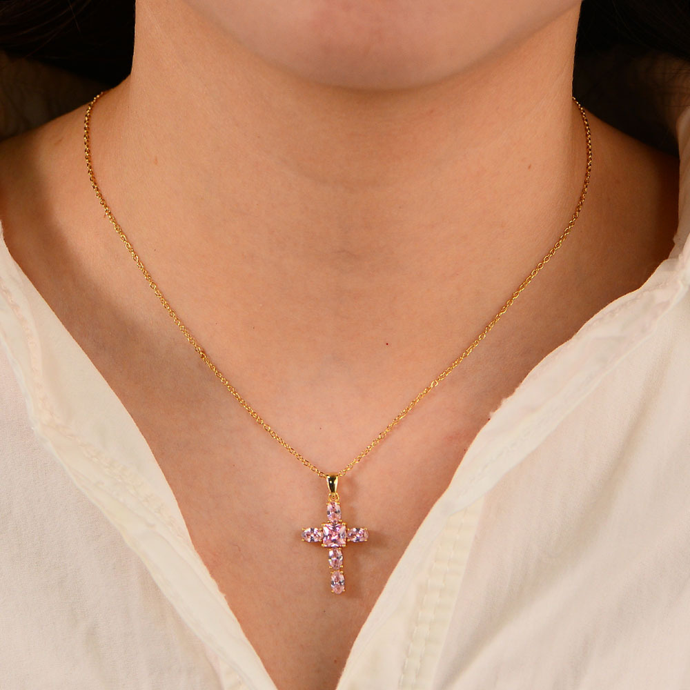 S925 Sterling Silver Pink Zircon Cross Necklace
