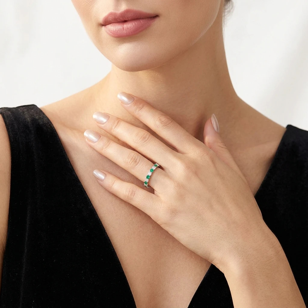S925 Silver Ring with Green and Red Sapphires and Moissanite