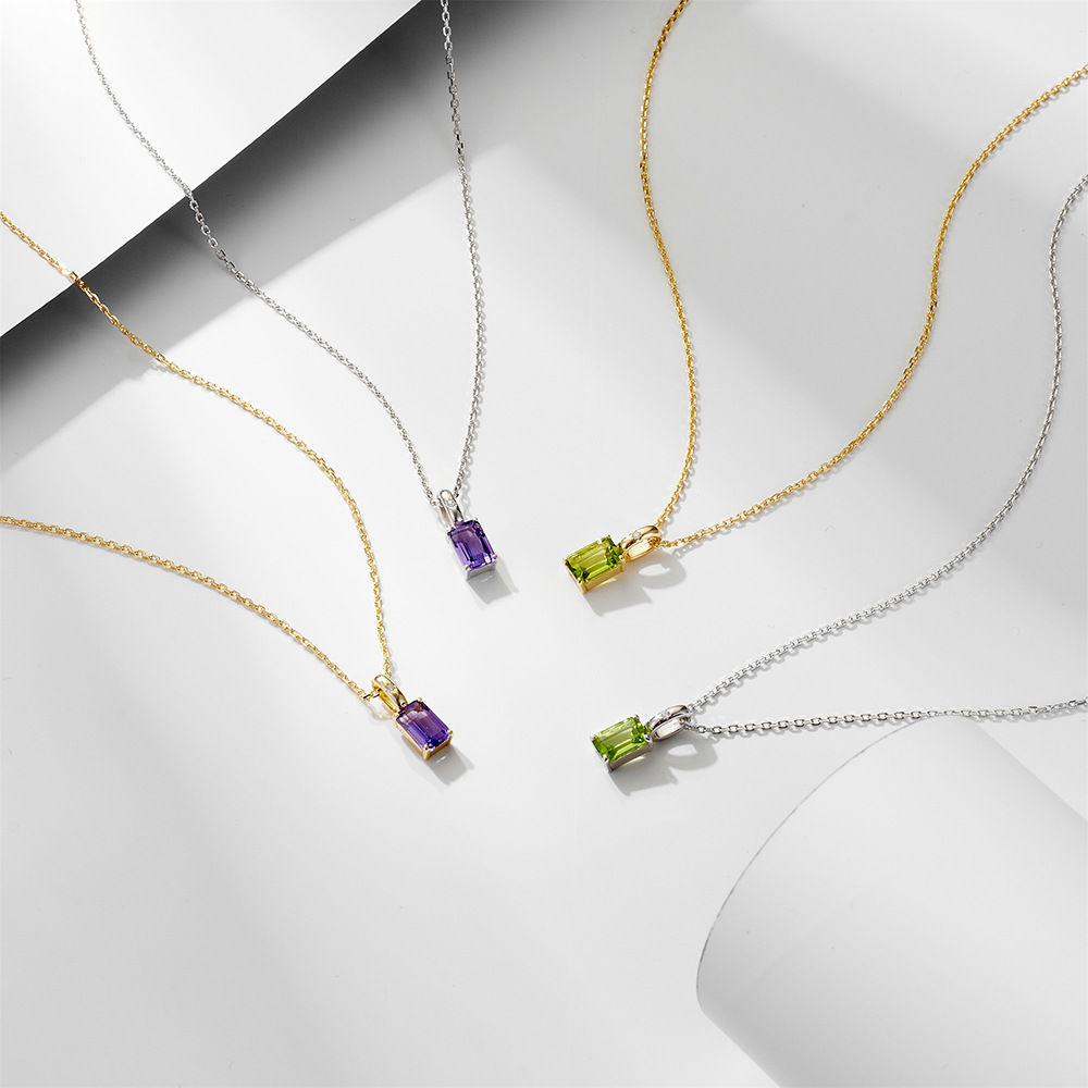 S925 Sterling Silver Natural Amethyst Olivine Pendant Necklace