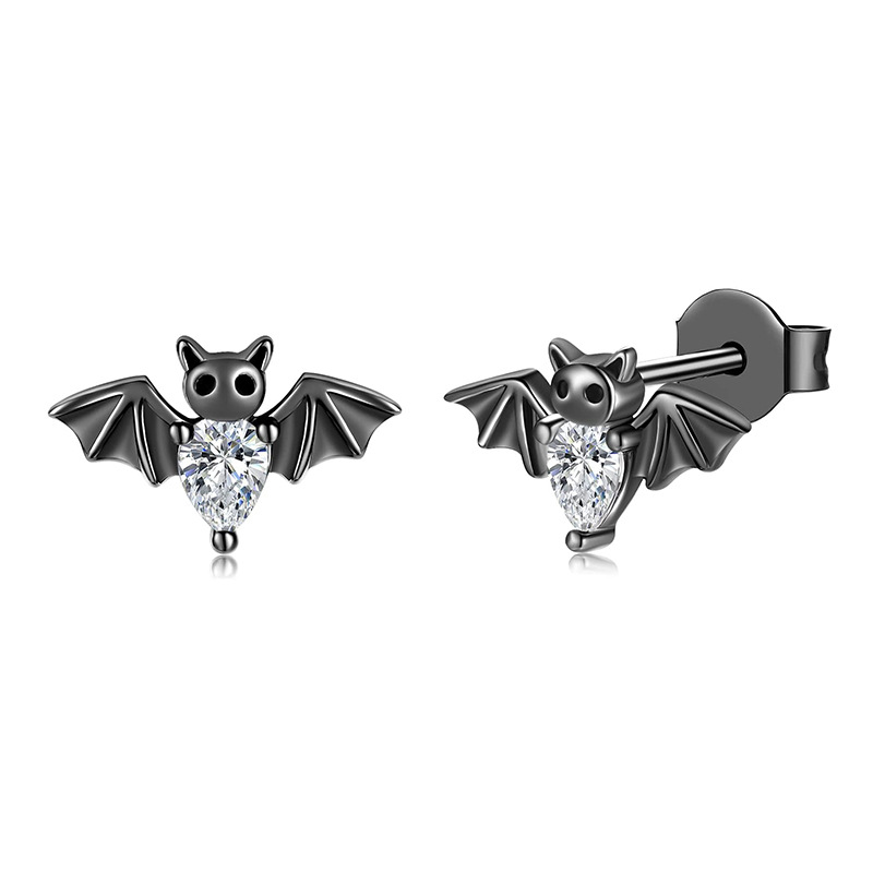 S925 Sterling Silver Black Bat Halloween Stud Earrings