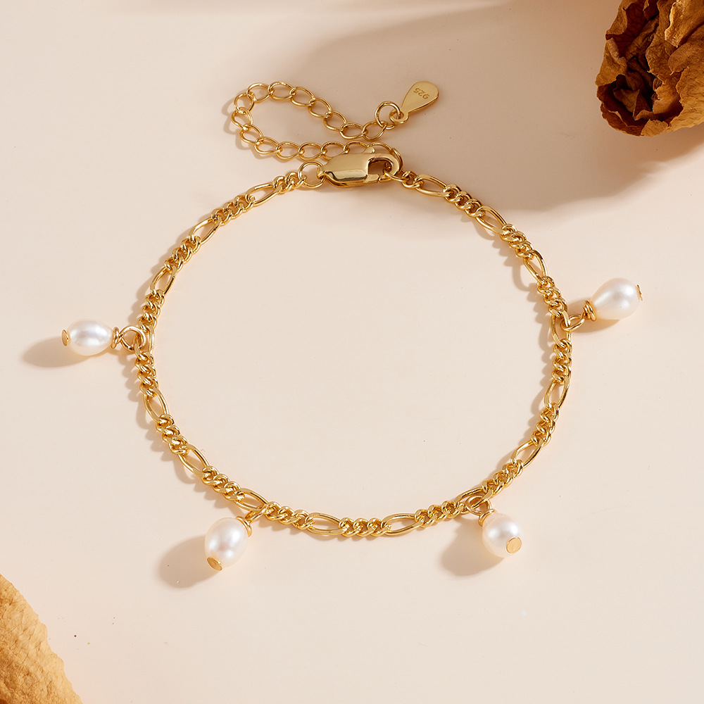 S925 Sterling Silver 18K Gold Plating Natural Cultured Pearl Bracelet