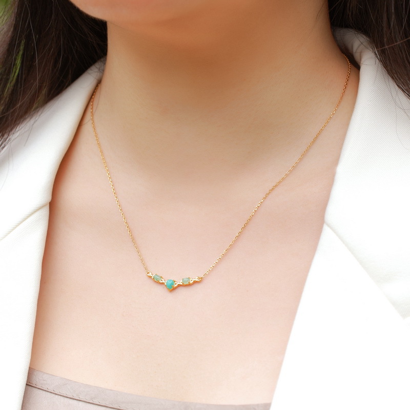 S925 Sterling Silver 10k Gold V-Shaped Necklace Inlaid with Amazonite