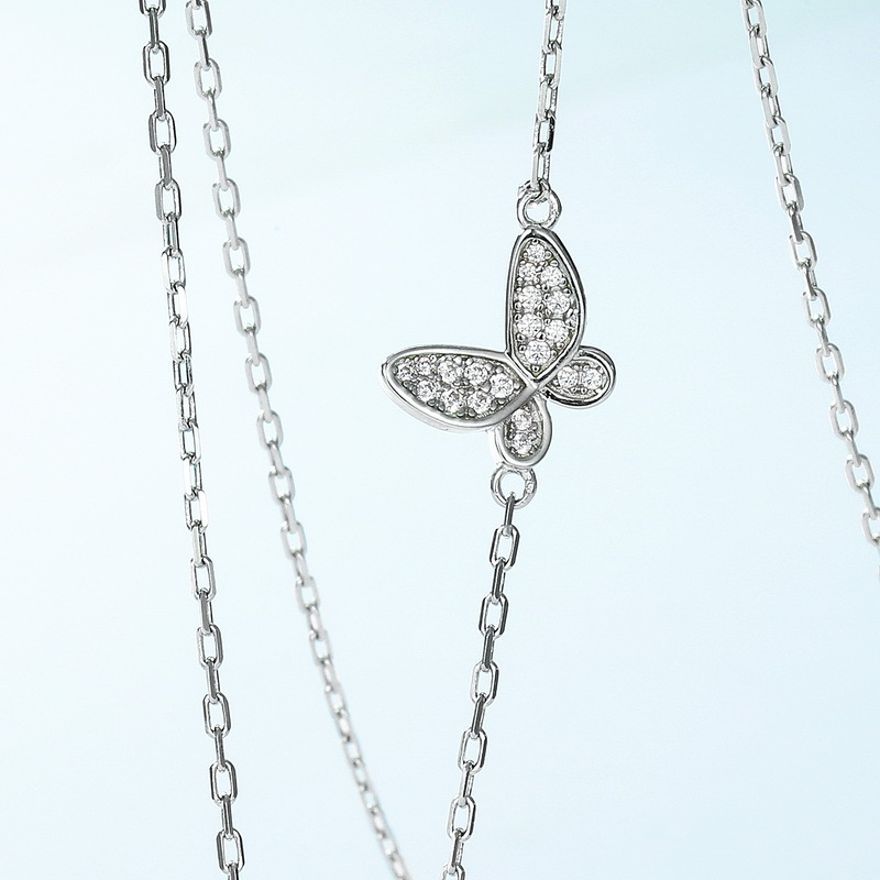 S925 Sterling Silver Blue Openwork Enamel Butterfly Pendant Zircon Necklace