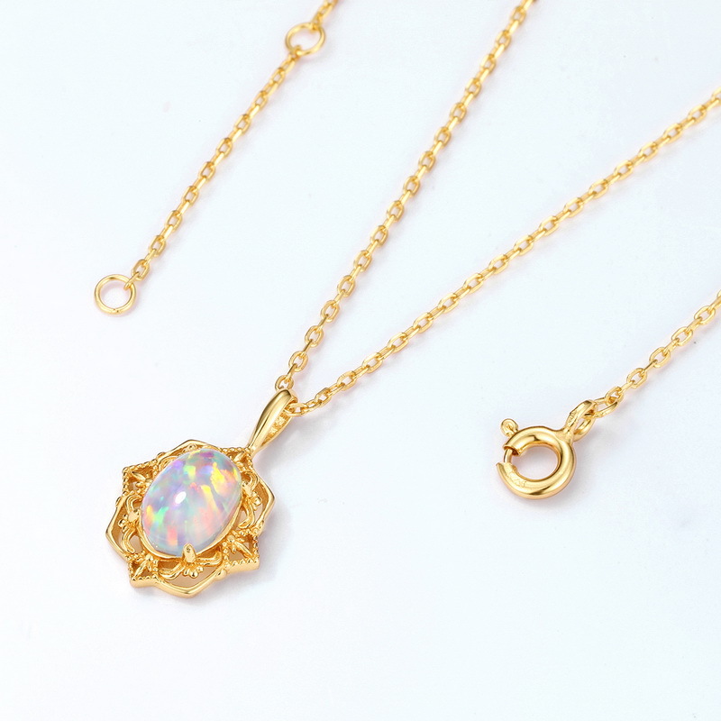 S925 Sterling Silver Plating 9K Gold Synthetic Opal Mirror Flower Edge Necklace