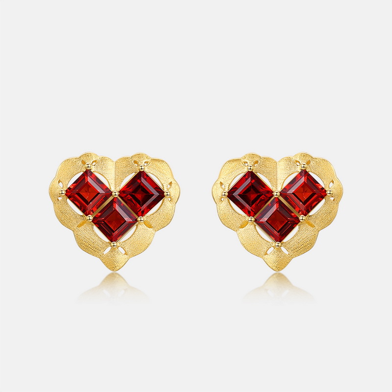 S925 Sterling Silver Gold-Plated Garnet Heart Earrings