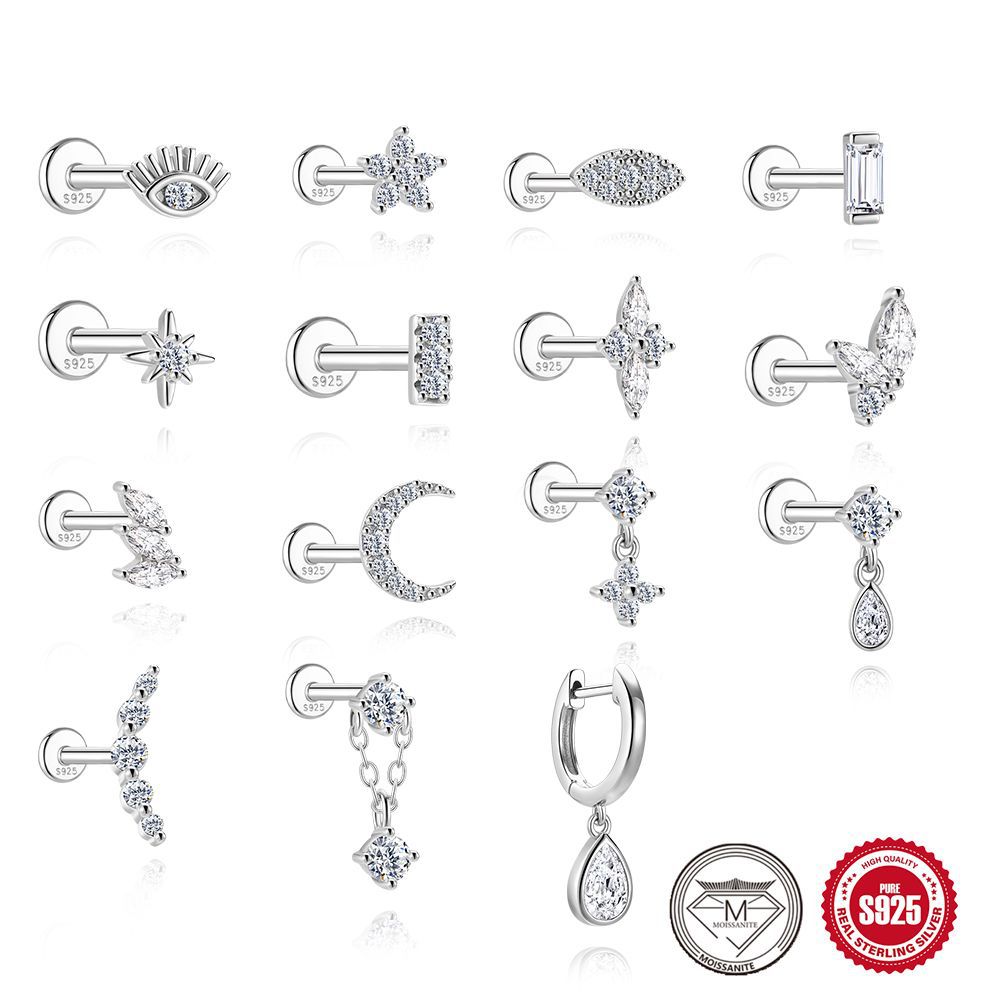 S925 Sterling Silver Square Star & Moon Moissanite Stud Earrings