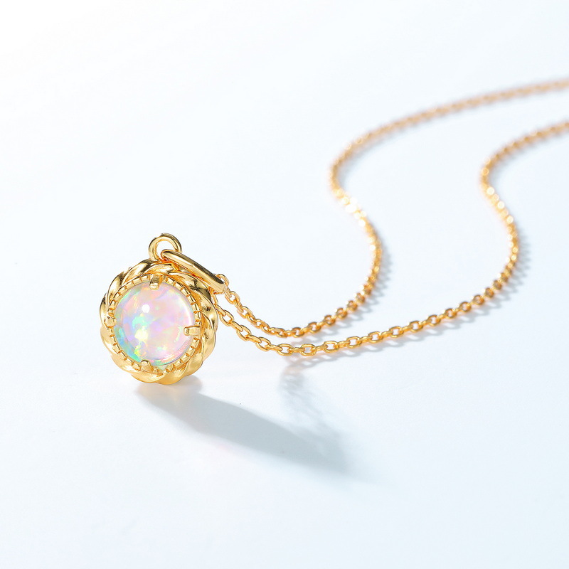 S925 Sterling Silver Gold-Plated Retro Opal Pendant Necklace