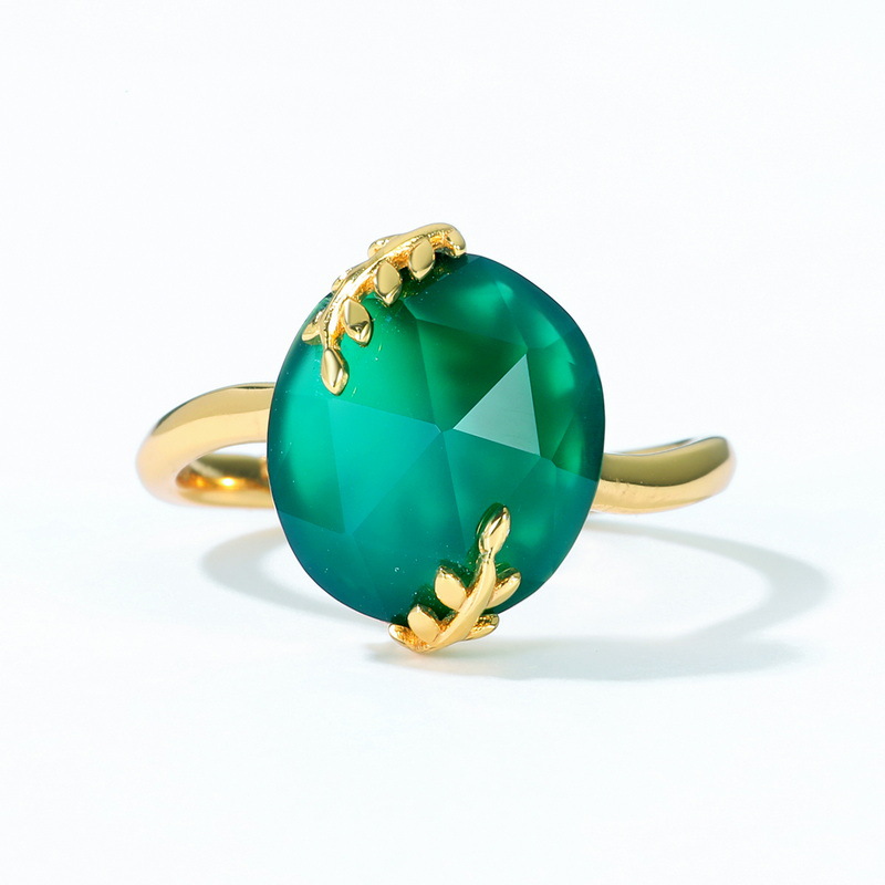 S925 Sterling Silver Gold-Plated Green Agate Ring