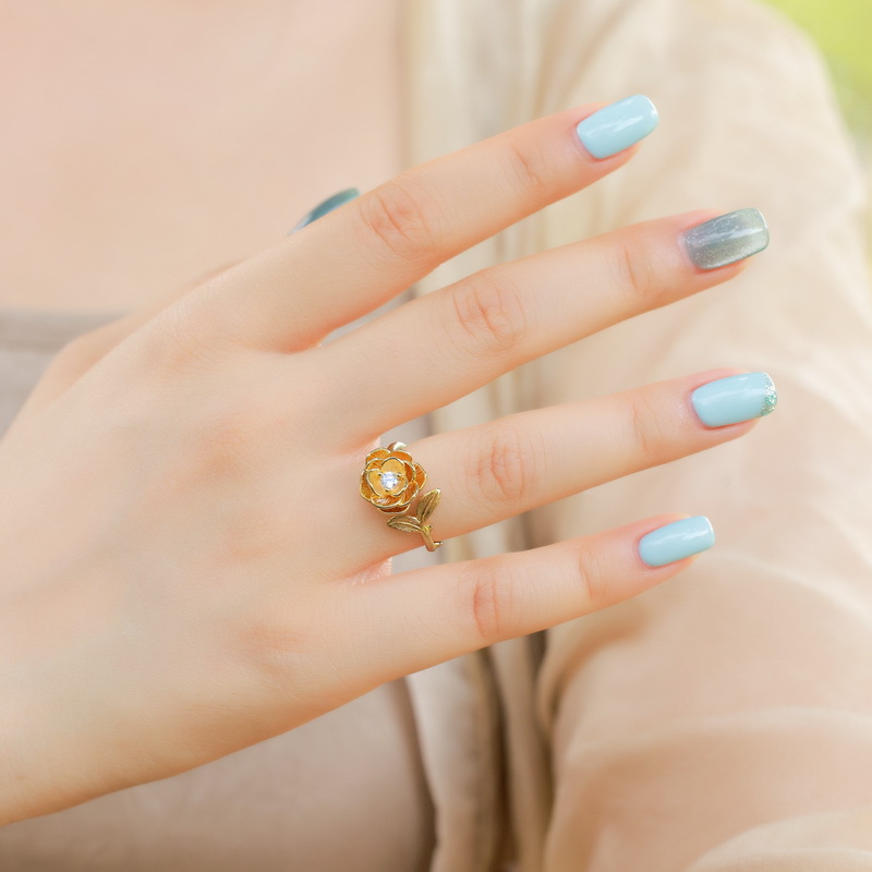 S925 Sterling Silver Gold-Plated Camellia Zircon Ring