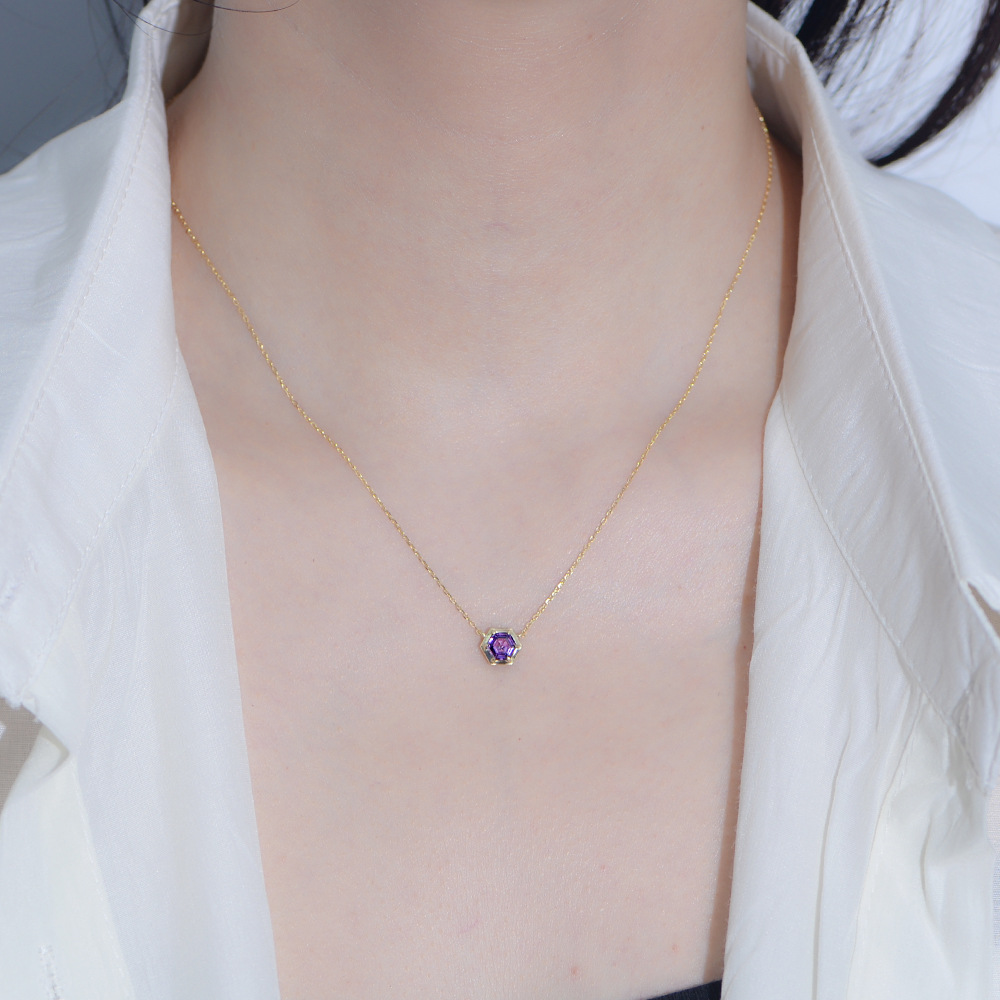S925 Sterling Silver Hexagonal Amethyst Zircon Pendant Necklace