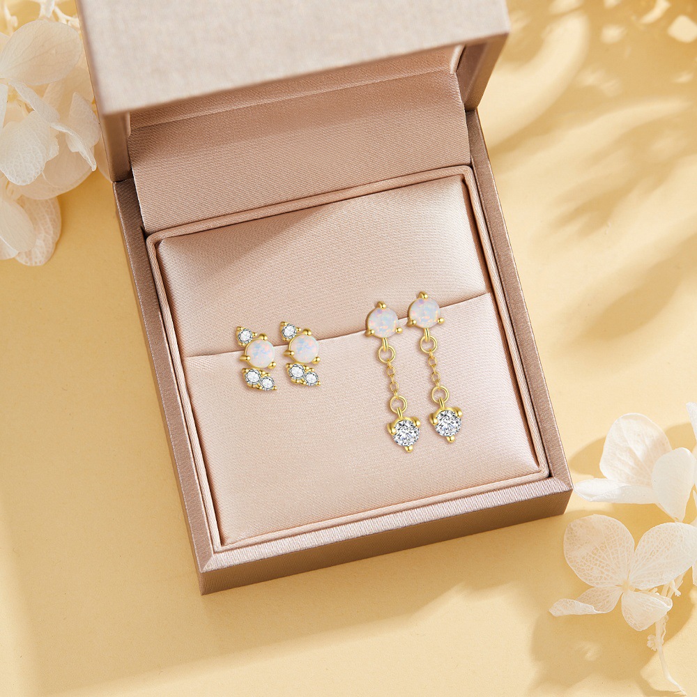 S925 Sterling Silver Opal and Zircon Stud Earrings