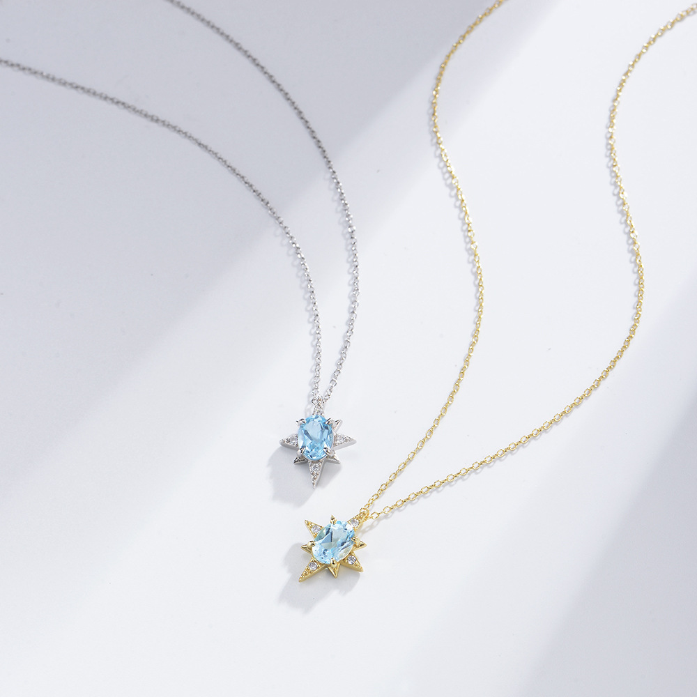 S925 Sterling Silver Eight Awn Star Pendant Sky Blue Natural Topaz Necklace