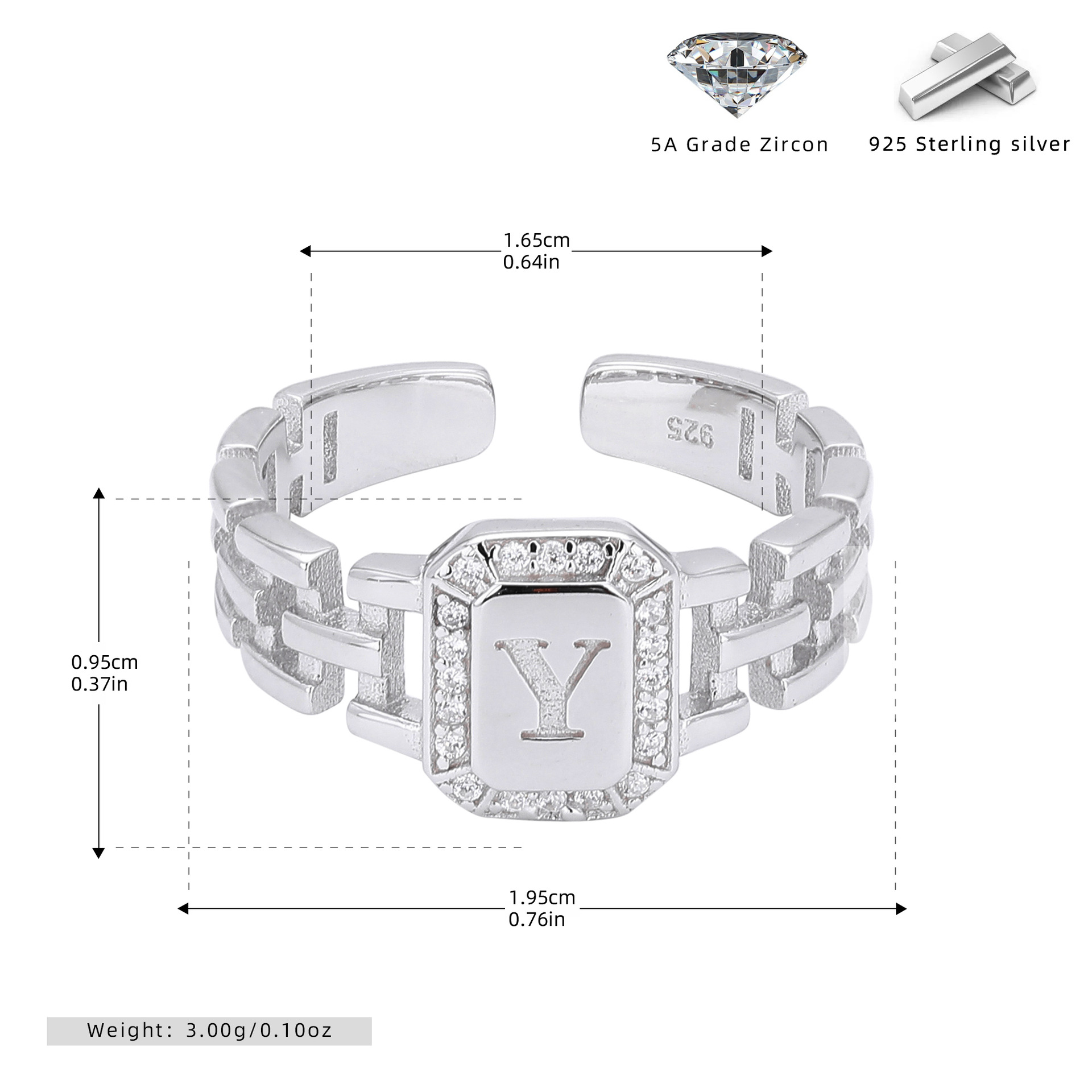 Stylish and simple S925 sterling silver ring with English letter band