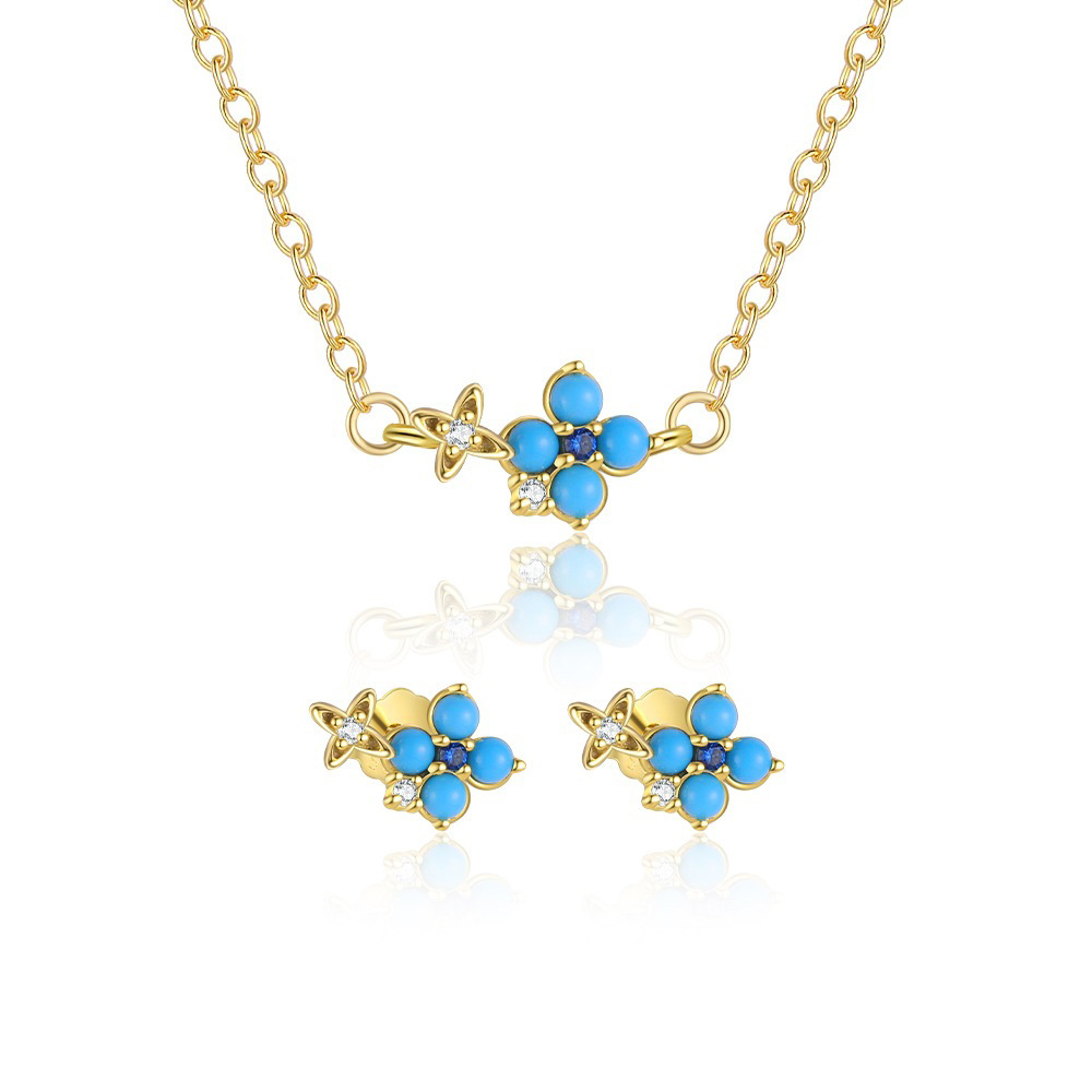 S925 Sterling Silver Turquoise Stud Earrings and Necklace Set