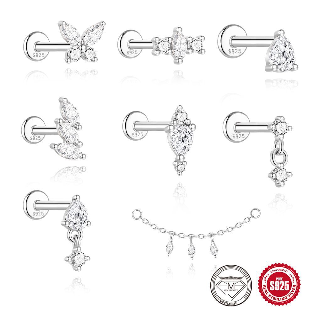 S925 Sterling Silver Spiral Cartilage Stud with Butterfly and Moissanite