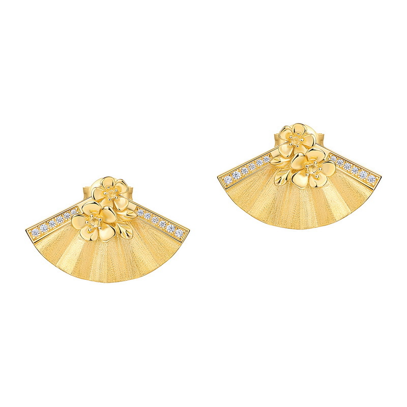 S925 Sterling Silver Gold-Plated Fan-Shaped Flower Zircon Earrings