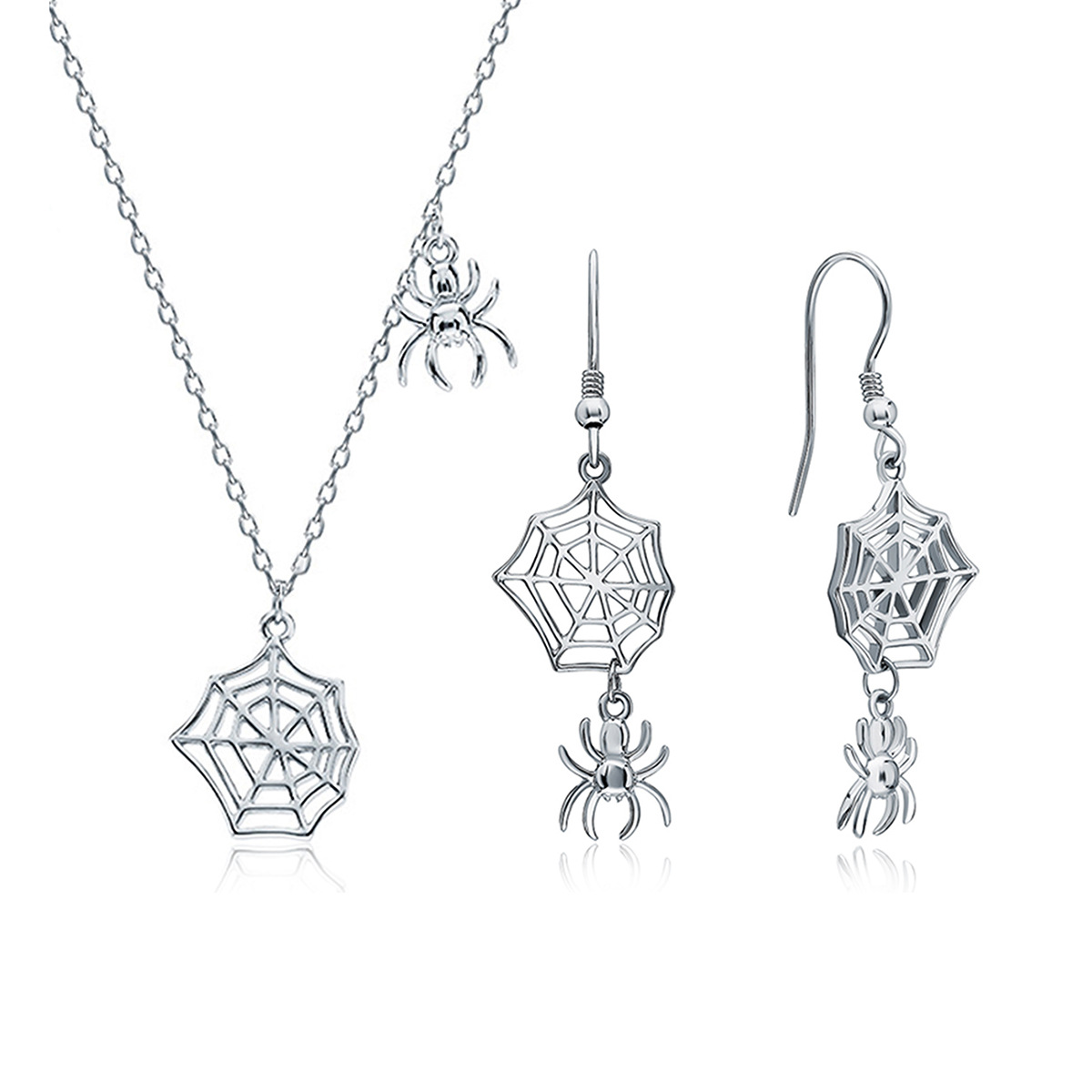 S925 Sterling Silver Gothic Spiderweb Pendant Necklace and Earrings