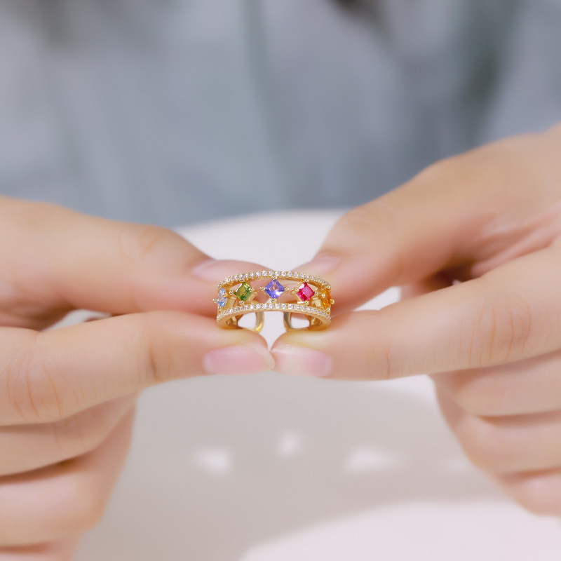 S925 Sterling Silver Gold-Plated Rainbow Zircon Ring