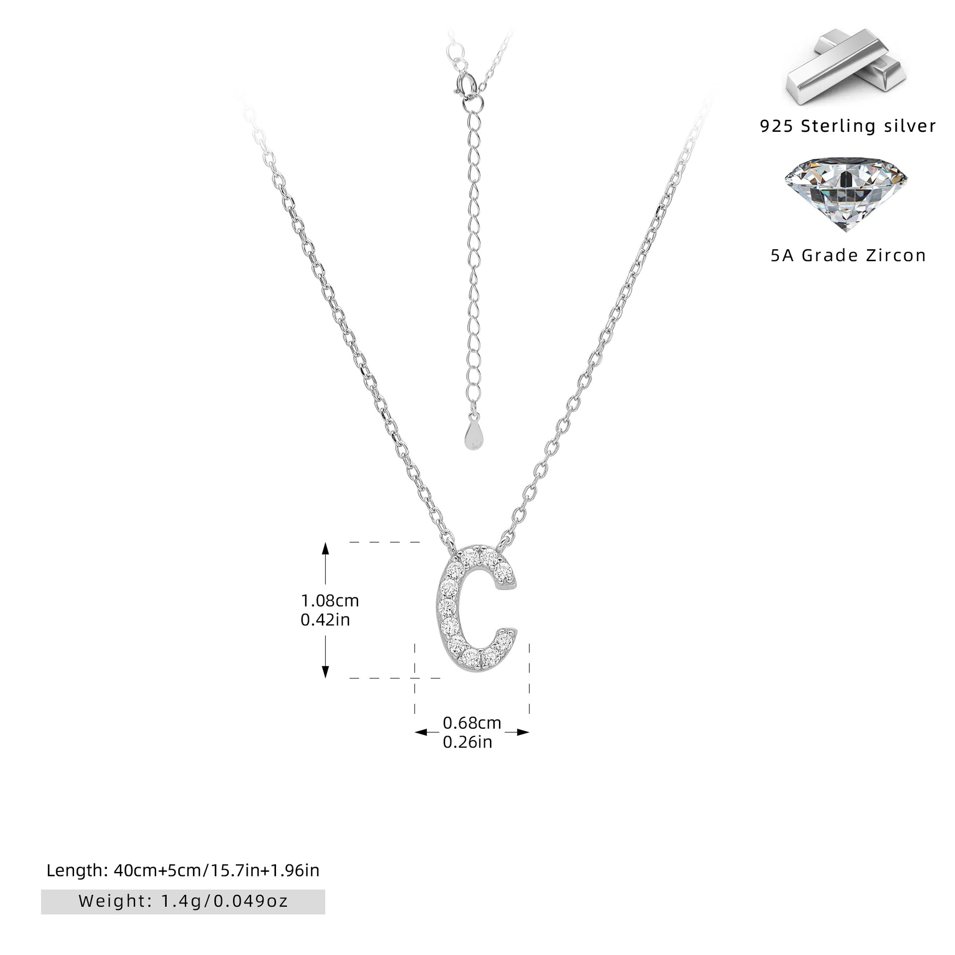 S925 Sterling Silver Simple Diamond Necklace with English Letters