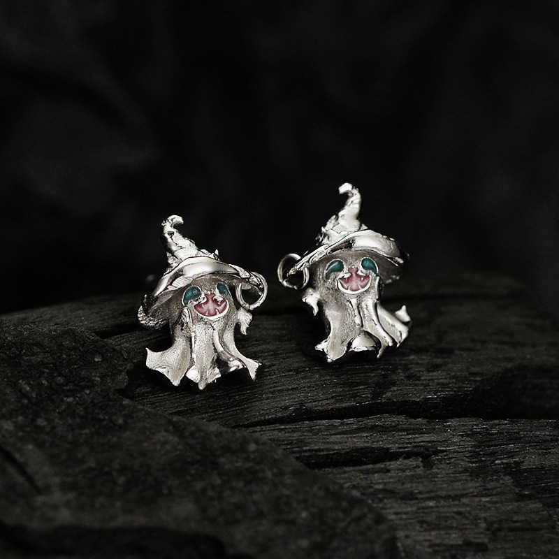 S925 Sterling Silver Whimsical Ghost with Witch Hat Earrings