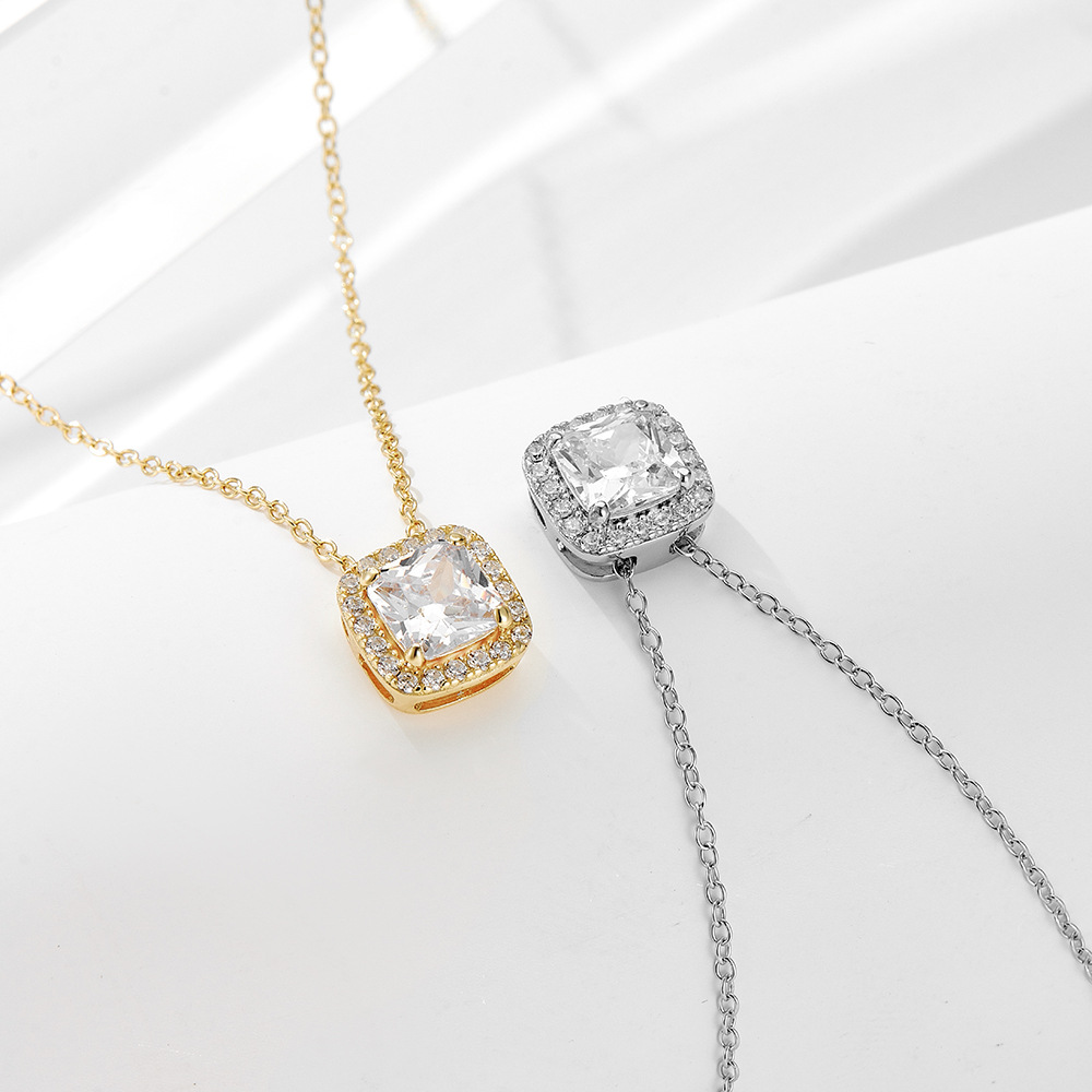 S925 Sterling Silver Fashion Geometry Pattern Square Zircon Pendant Necklace