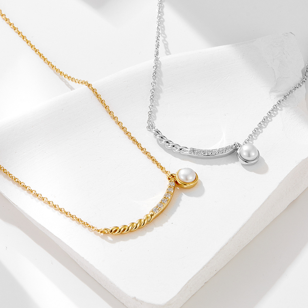 S925 Sterling Silver Simple Zircon Inlaid Pearl Pendant Necklace