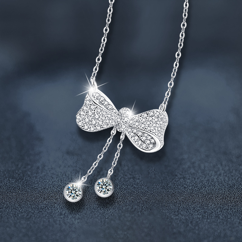 S925 Sterling Silver Moissanite Tassel Bow Pendant Necklace