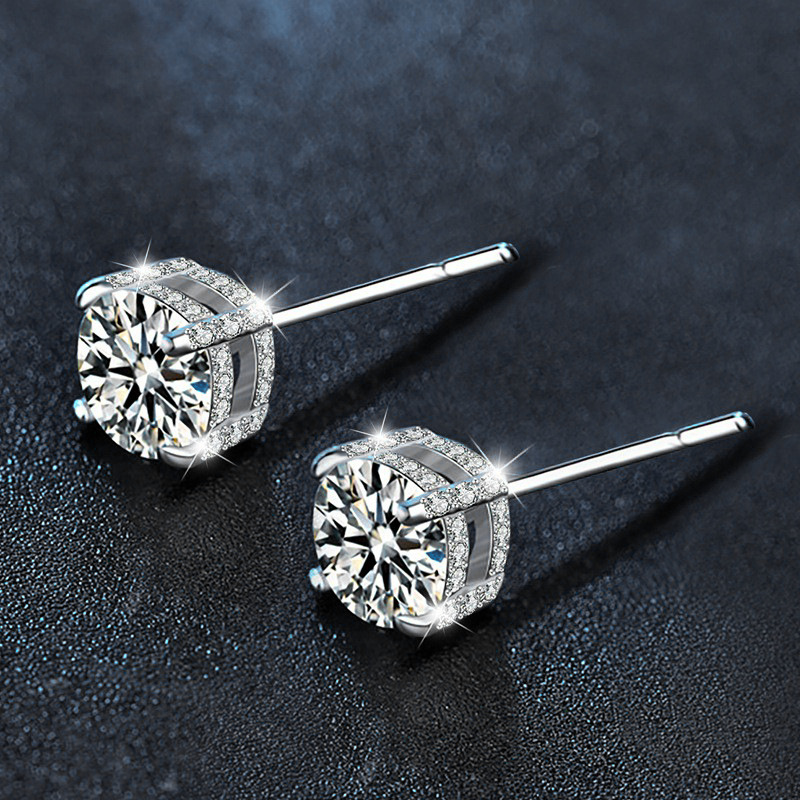 925 Sterling Silver Four-Prong Stud Earrings — Fully Set with Moissanite