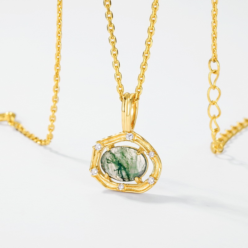 S925 Sterling Silver Gold-Plated Green Moss Pendant Necklace