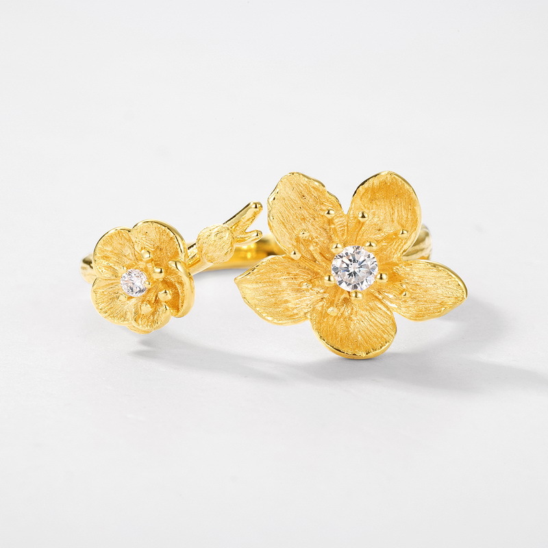 S925 Sterling Silver Gold-Plated Flower Zircon Ring