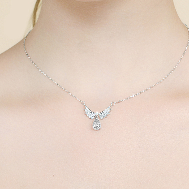 S925 Sterling Silver Angel Wings Moissanite Pendant Necklace