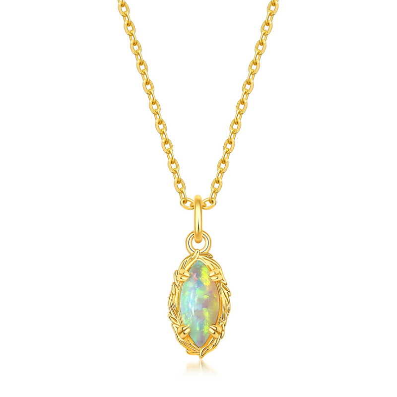 S925 Sterling Silver Geometric Horse Eye Opal Pendant Necklace