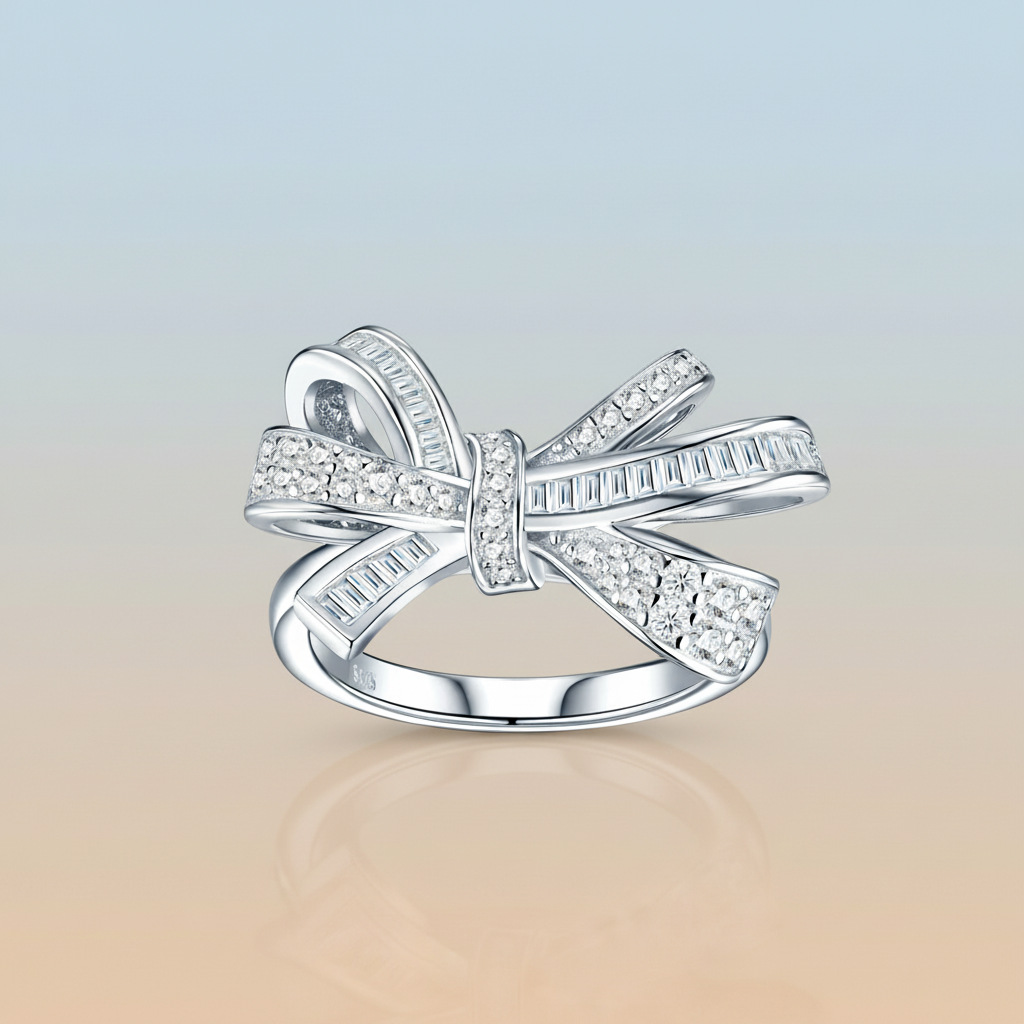 S925 Silver Bow-knot T-Square Moissanite Ring