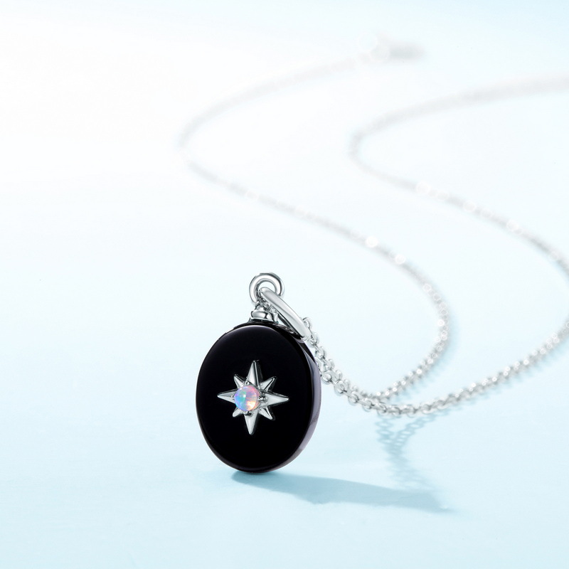 S925 Sterling Silver Black Onyx Synthetic Opal Pendant Necklace